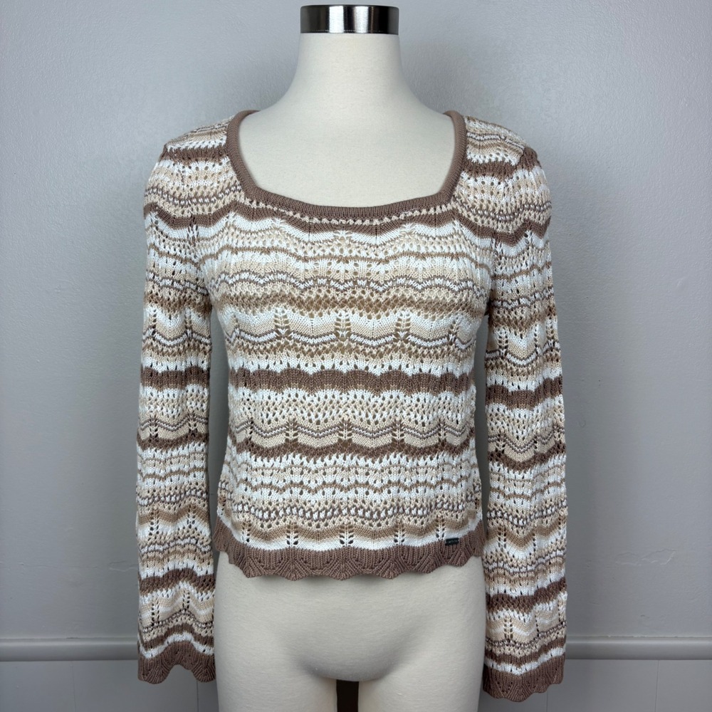 Limited Too Boho Crochet Sweater Juniors Earth Tones Bell Sleeves Hippie‎ Vibes